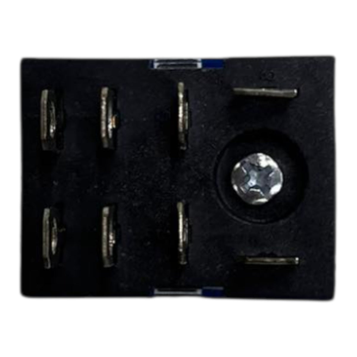 A black electronic component with six metal pins arranged in two columns and a central screw terminal, isolated on a white background.