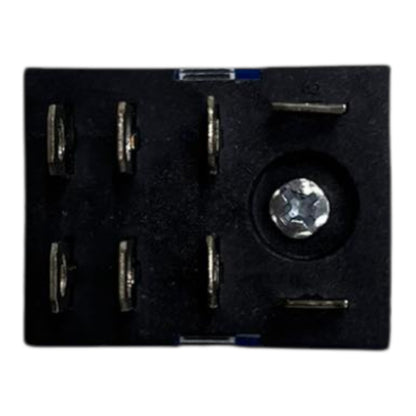 A black electronic component with six metal pins arranged in two columns and a central screw terminal, isolated on a white background.