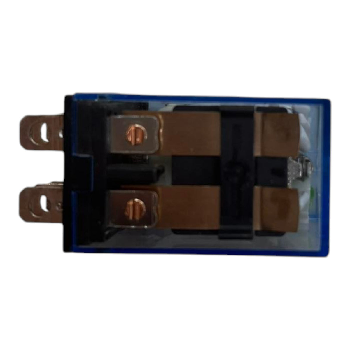 A blue plastic electrical relay with copper-colored metal contacts and a black internal core, shown against a plain white background.