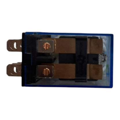 A blue plastic electrical relay with copper-colored metal contacts and a black internal core, shown against a plain white background.