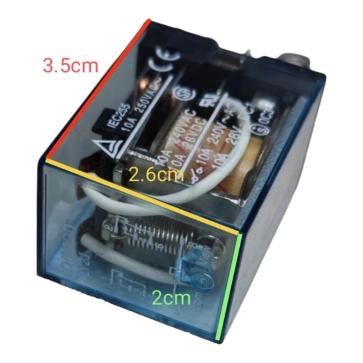 A small transparent electrical relay component on a white background with overlaid dimension labels showing 3.5cm, 2.