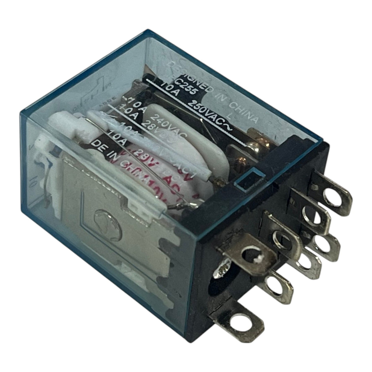 A 10A 25VAC/28VAC DC relay with a transparent blue-tinted plastic case, black metal core, and silver metal terminal posts, shown on a white background.