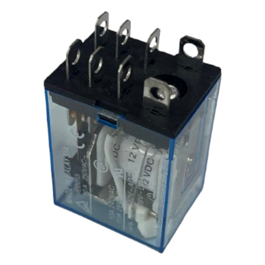 A small electrical relay with a transparent blue plastic housing, black top cover, silver metal terminals, and white internal components, photographed on a plain white background.