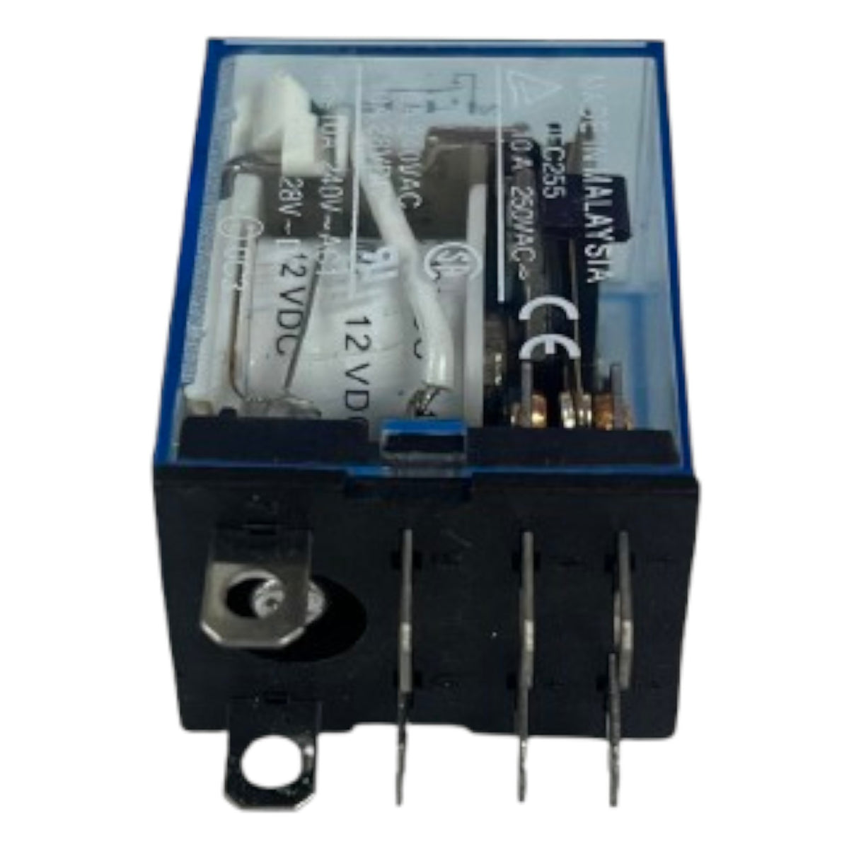 A black electrical relay with a clear plastic top cover showing internal components, featuring four metal pins on the side and a terminal connection on the front, isolated on a white background.