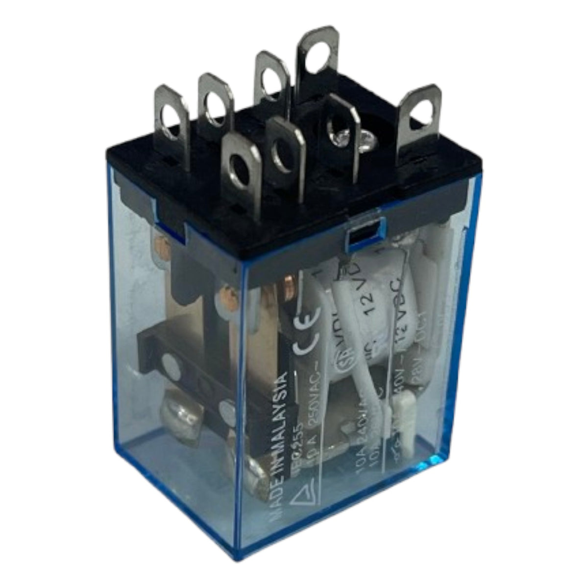 A miniature electrical relay with a transparent blue plastic case, black top cover, and silver metal terminals, shown on a white background.