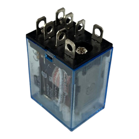 A square electrical relay with a transparent blue plastic housing, a black top terminal plate, and six metal screw terminals, shown on a plain white background.