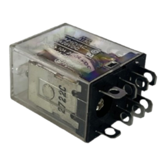 A small electrical relay component with a clear plastic housing, black terminal posts, and printed technical markings on a white background.