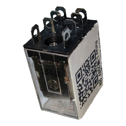 A small electrical relay component with a clear plastic front cover, black metal top terminal block, and a white side label featuring a QR code and printed text, shown on a plain white background.
