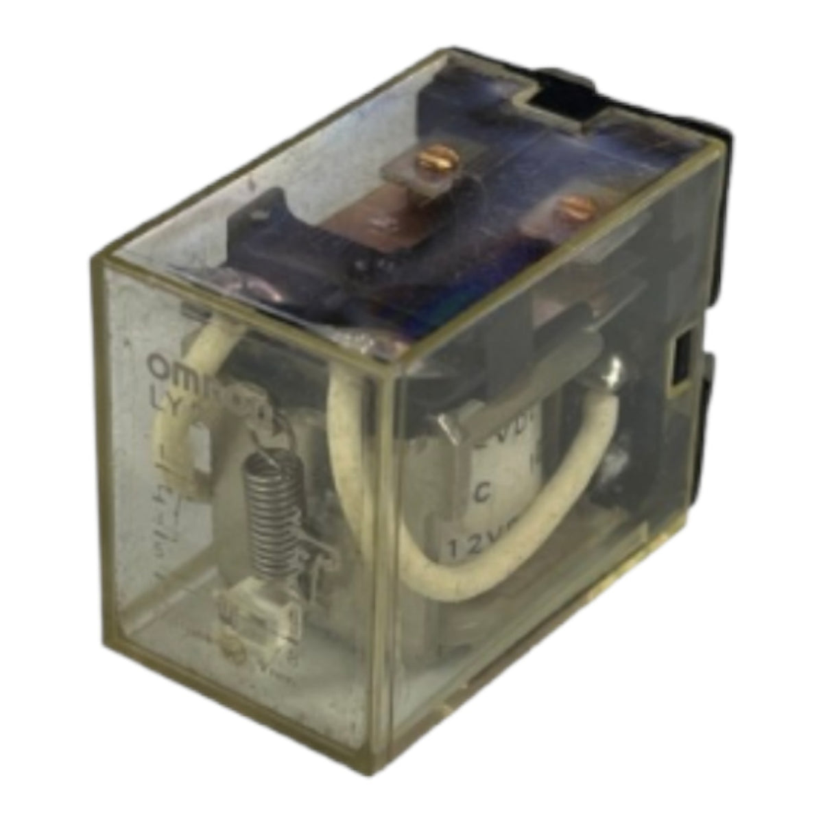 An Omron relay electrical component with a transparent plastic casing, showing internal components including a coil, spring, and white wire, isolated on a white background.