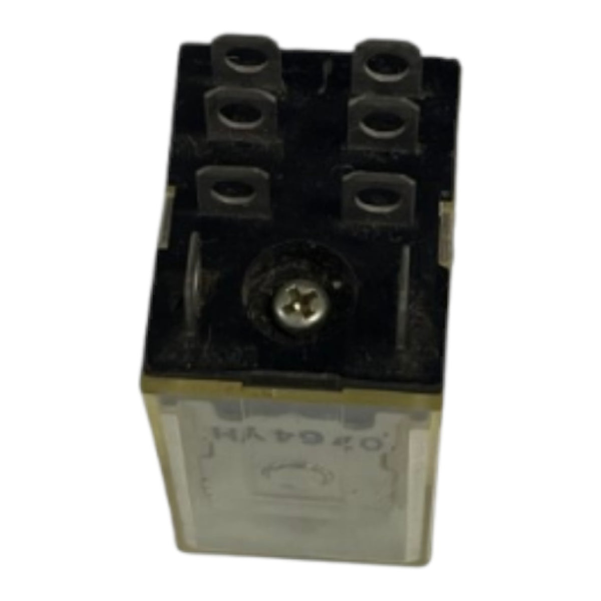 A small black electrical relay component with a clear plastic lower housing and six terminal posts on top, shown on a plain white background.