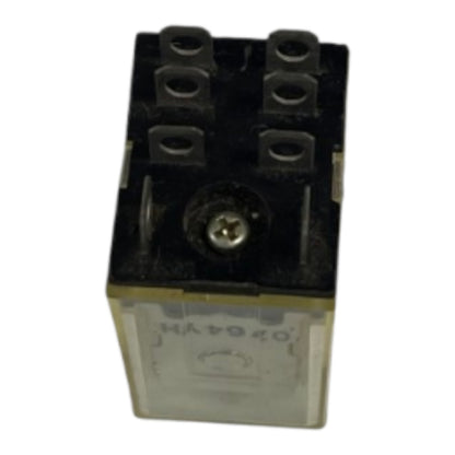 A small black electrical relay component with a clear plastic lower housing and six terminal posts on top, shown on a plain white background.