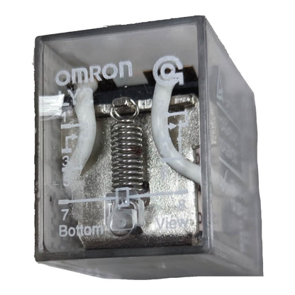 An Omron relay contact module in a clear plastic case, showing silver metal contacts, a spring, and white plastic boots on a white background.