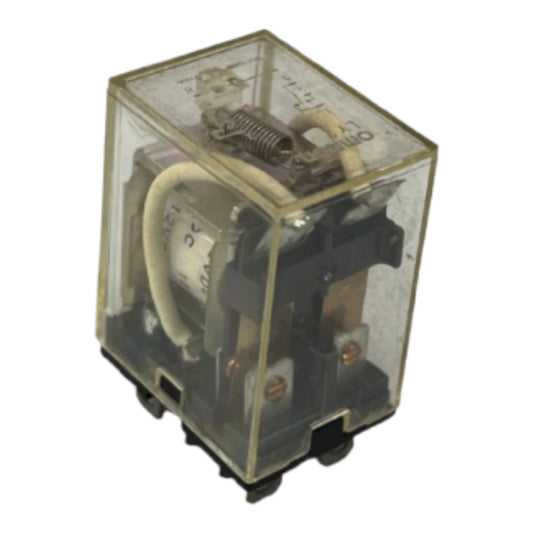 A small electrical relay with a transparent plastic case, black internal components, copper terminals, and a white insulated coil, shown on a plain white background.
