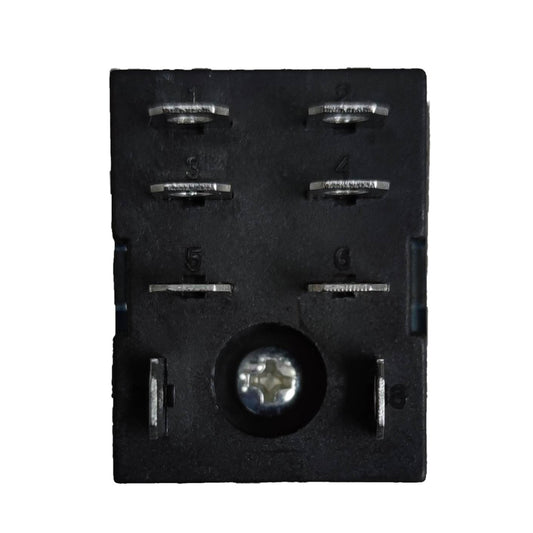 A black plastic electrical terminal block with six silver metal screw terminals and a central threaded connection, shown on a plain white background.