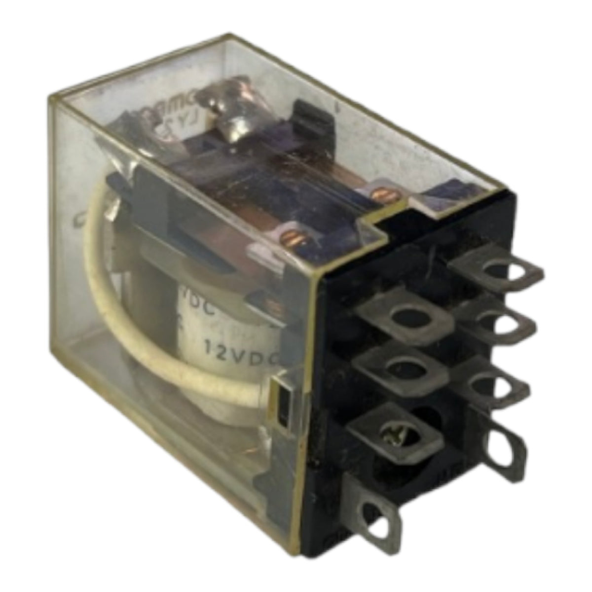 A small electrical relay with a transparent plastic case, internal coil, and black terminal blocks on one side, shown on a plain white background.