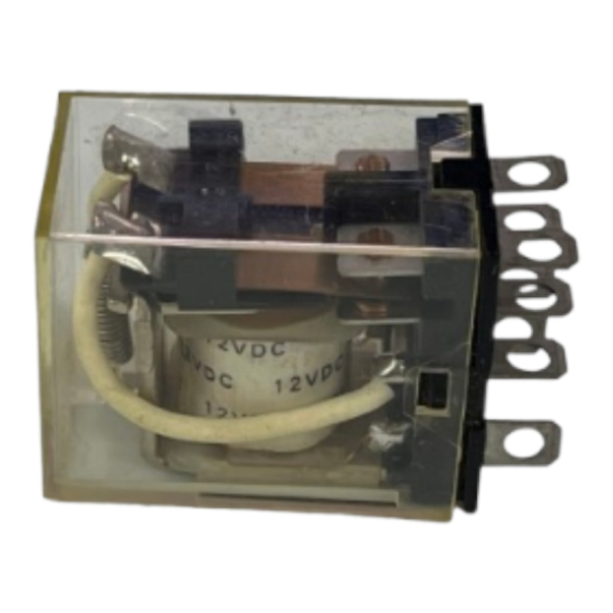 A small electrical relay component with a clear plastic housing, internal coil, metal contacts, and terminal leads on the right side, shown on a plain white background.