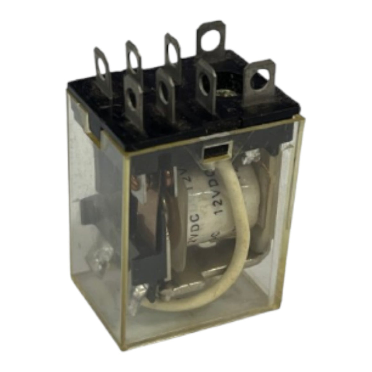 A small electrical relay with a clear plastic housing, black top plate, metal terminal posts, and a beige internal coil wire on a white background.