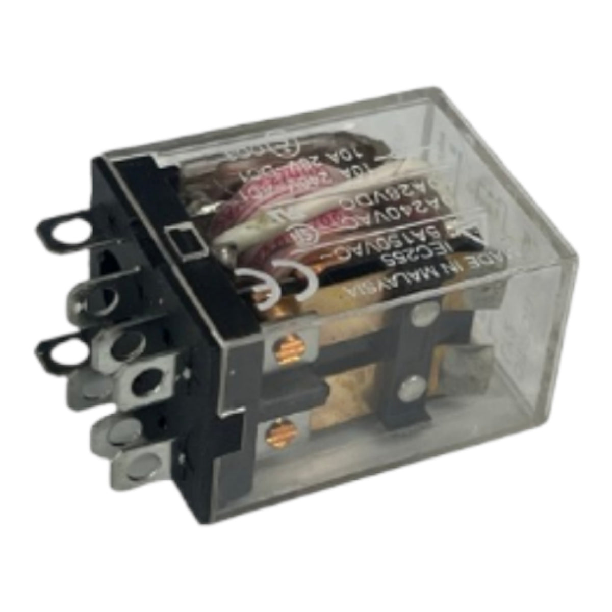 A clear plastic-cased electrical relay with black terminal blocks and internal copper coils, shown on a plain white background.