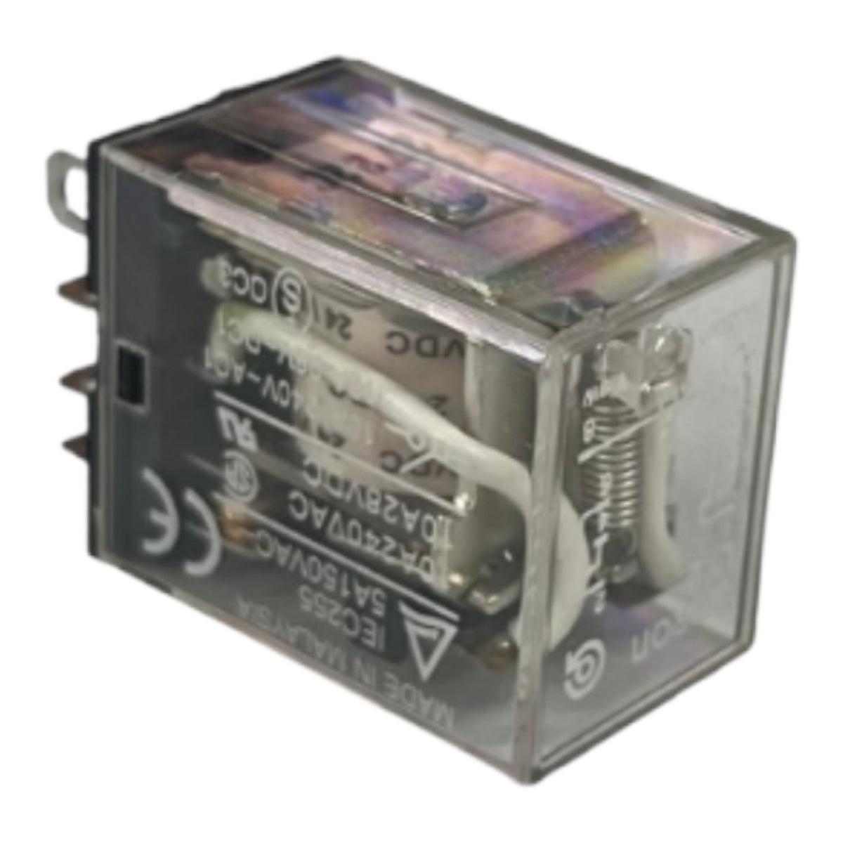 A clear plastic-cased electrical relay with visible internal components, terminal leads on the left, and printed technical specifications on the front, isolated on a white background.