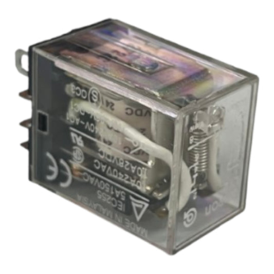 A clear plastic-cased electrical relay with visible internal components, terminal leads on the left, and printed technical specifications on the front, isolated on a white background.