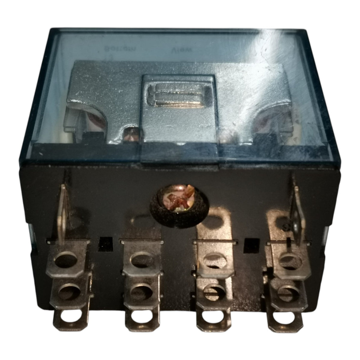 A black electrical contactor or relay with a transparent top cover, showing internal metal contacts and four terminal posts on a white background.