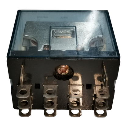 A black electrical contactor or relay with a transparent top cover, showing internal metal contacts and four terminal posts on a white background.
