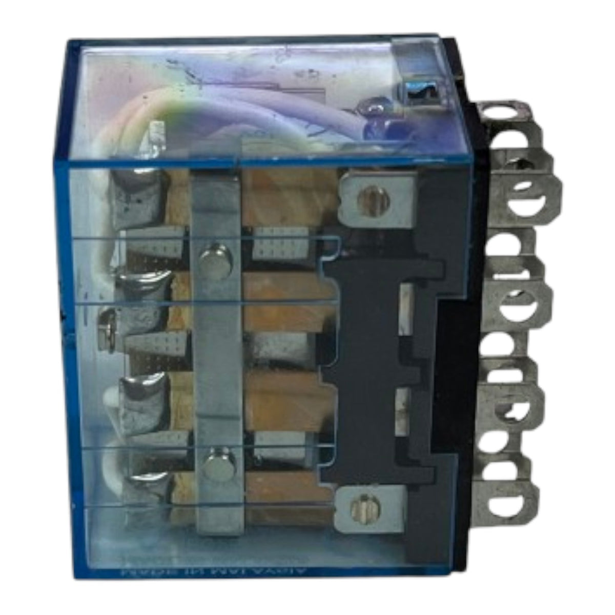 A blue plastic electrical relay with visible internal components, metal contacts, and a terminal strip on the right side, isolated on a white background.