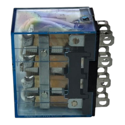 A blue plastic electrical relay with visible internal components, metal contacts, and a terminal strip on the right side, isolated on a white background.