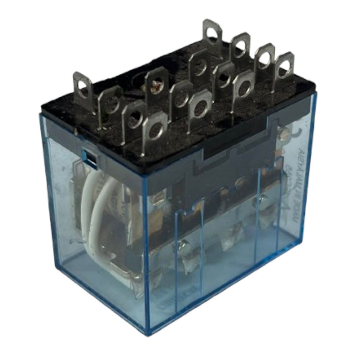 A small electrical relay with a transparent blue plastic housing, black top plate, silver metal terminal posts, and internal white wiring, shown on a plain white background.