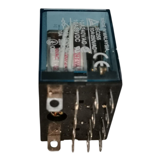 A black electrical relay with a translucent blue protective cover on top, featuring multiple metal terminal pins and printed technical specifications on the cover.