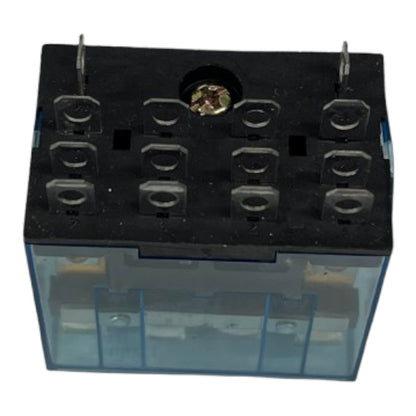 A small electrical relay component with a black top, silver metal terminal posts, and a translucent blue plastic housing, shown on a plain white background.