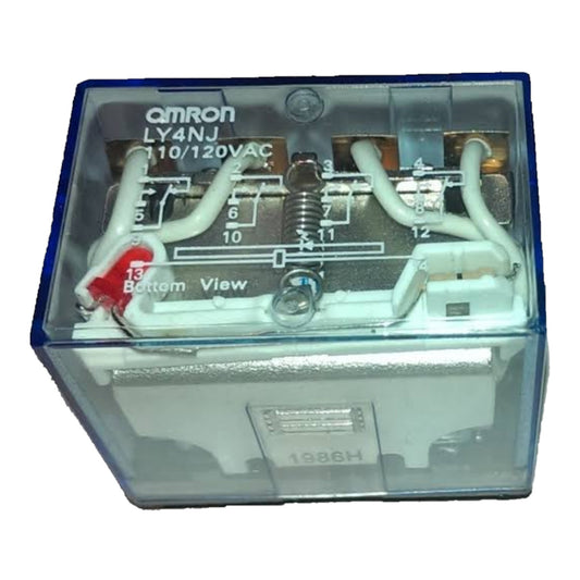 An Omron relay contact block, model LY4NJ 110/120VAC, showing the internal terminal layout through a clear cover.