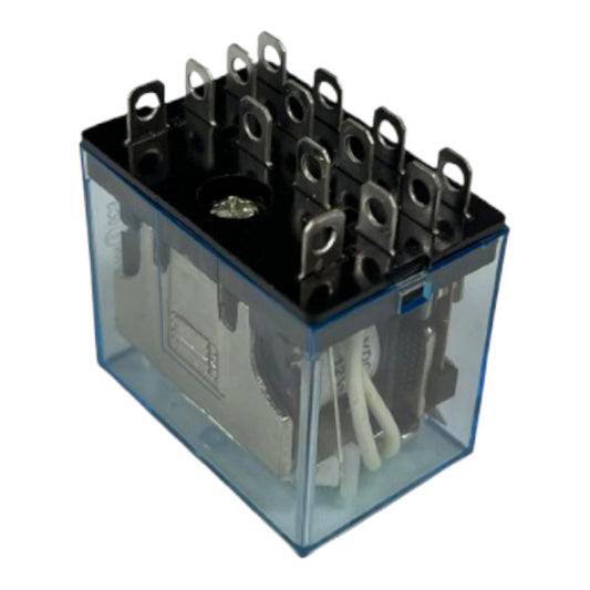 A square electrical relay with a transparent blue plastic case, black top plate, silver metal terminal posts, and internal white wires, shown on a plain white background.