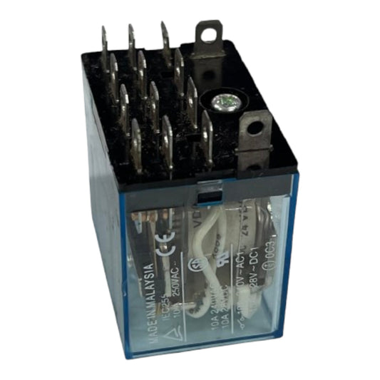 A black electrical relay with multiple metal terminals, a transparent front cover, and internal white wires, photographed on a plain white background.