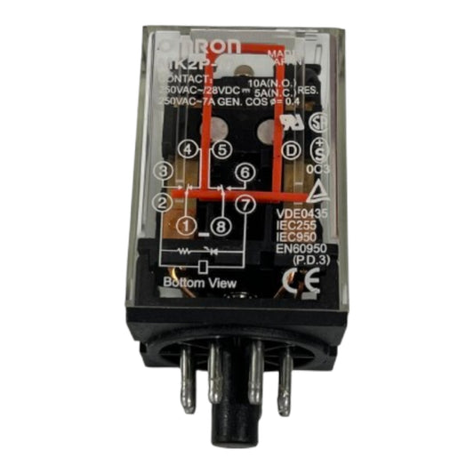 An Omron TK2P relay component with a clear plastic casing, black internal structure, printed red and white schematic diagrams, and multiple metal terminal pins at the bottom, shown on a plain white background.