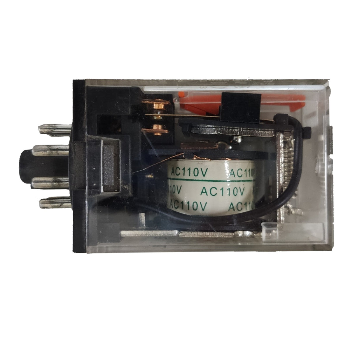 An industrial electrical relay with a clear plastic housing, black terminal casing, internal coil, and metal contacts, shown against a plain white background.