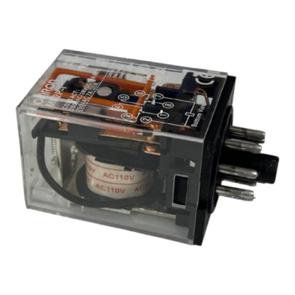 A clear plastic electrical relay with a black base and multiple metal pins on the side, photographed on a plain white background.