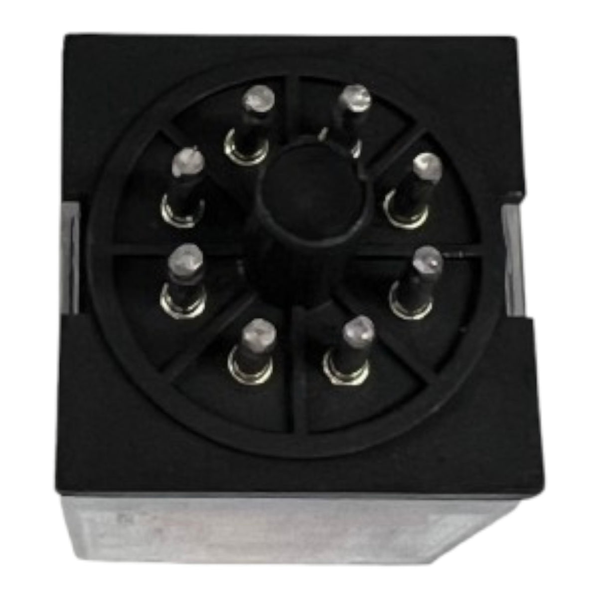A black electrical relay component with a circular multi-pin connector face and a metallic base, shown on a plain white background.