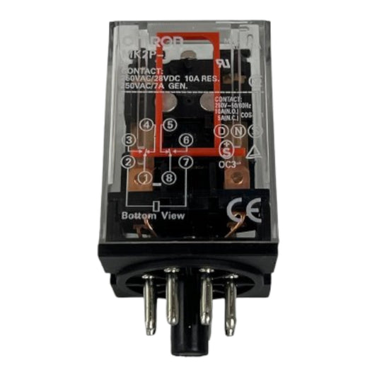 A black and clear plastic electrical relay component with multiple metal terminal pins, printed technical specifications, and a red terminal cover on a white background.