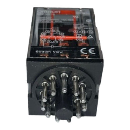 An Omron MK-3F thermal relay shown from the bottom view, featuring a black plastic housing, multiple metal screw terminals, and a clear top cover with red and black internal components.