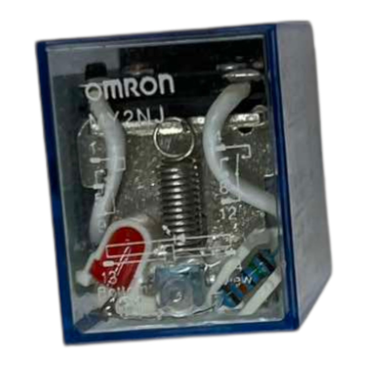 An Omron relay electrical component with a blue plastic housing and clear front cover, showing internal metal contacts, a spring, and white terminal wires on a white background.