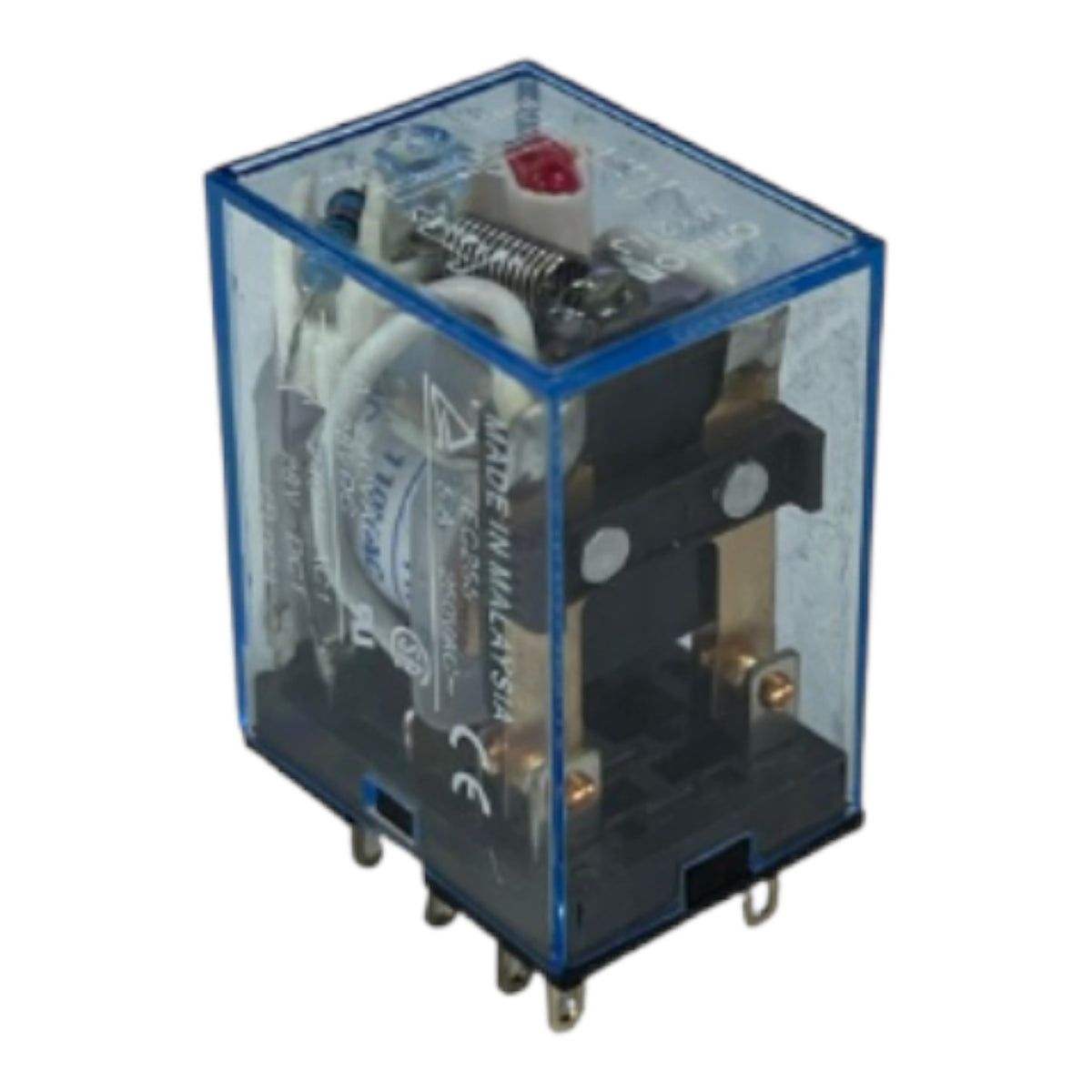 A transparent blue plastic electrical relay with black internal components, metal terminals, and a small red contact tip, shown on a plain white background.