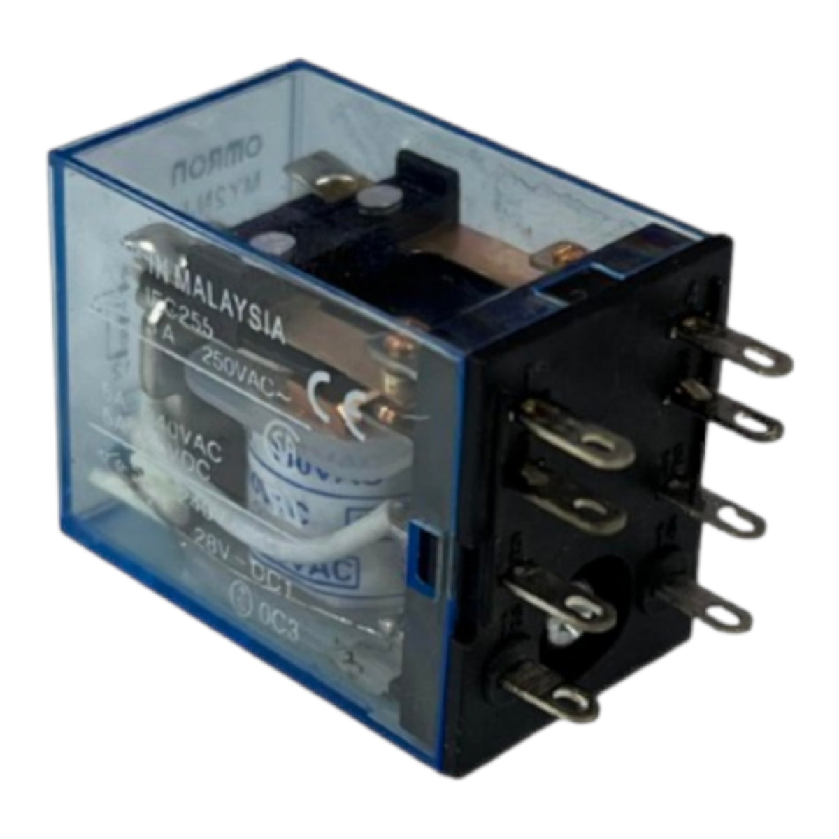 A small blue transparent-cased electrical relay with a black side housing and multiple metal terminal posts, photographed on a plain white background.