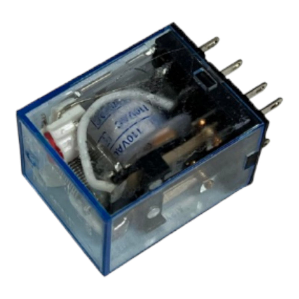 A small electrical relay with a transparent blue plastic case, internal coil, and metal terminal pins, shown on a plain white background.