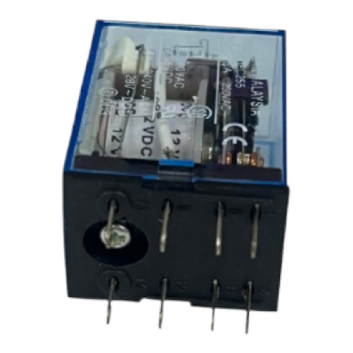 A black electrical relay with a transparent blue-tinted cover showing internal components, photographed on a plain white background.