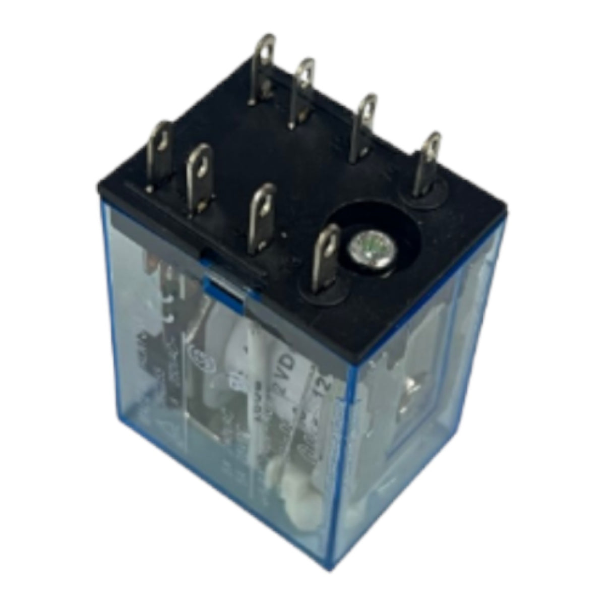A small electrical relay component with a transparent blue plastic housing, black top plate, and multiple metal terminal pins, shown on a plain white background.