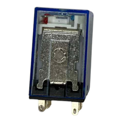 A small electrical relay component with a blue plastic housing, silver metal contacts, and two terminal posts, shown on a plain white background.