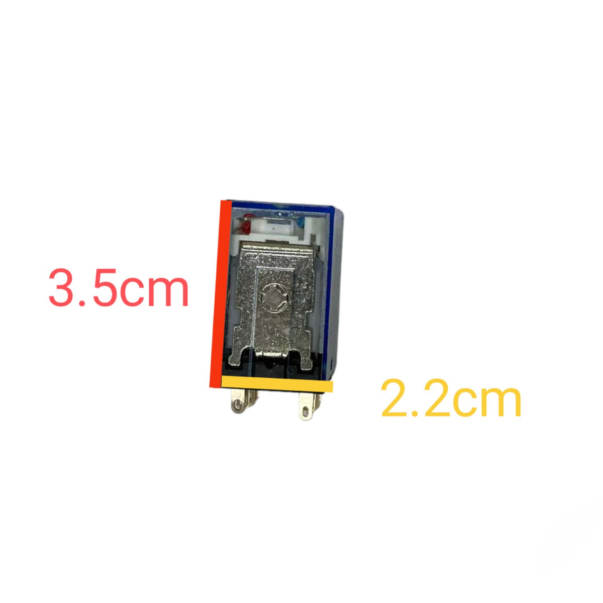 A small electronic relay component with a blue and red plastic housing, yellow base strip, and metal terminals, shown on a white background with red and yellow dimension labels reading 3.5cm and 2.