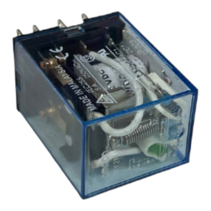 A transparent blue plastic electrical relay module with internal circuitry, white wires, and metal terminals, shown on a plain white background.