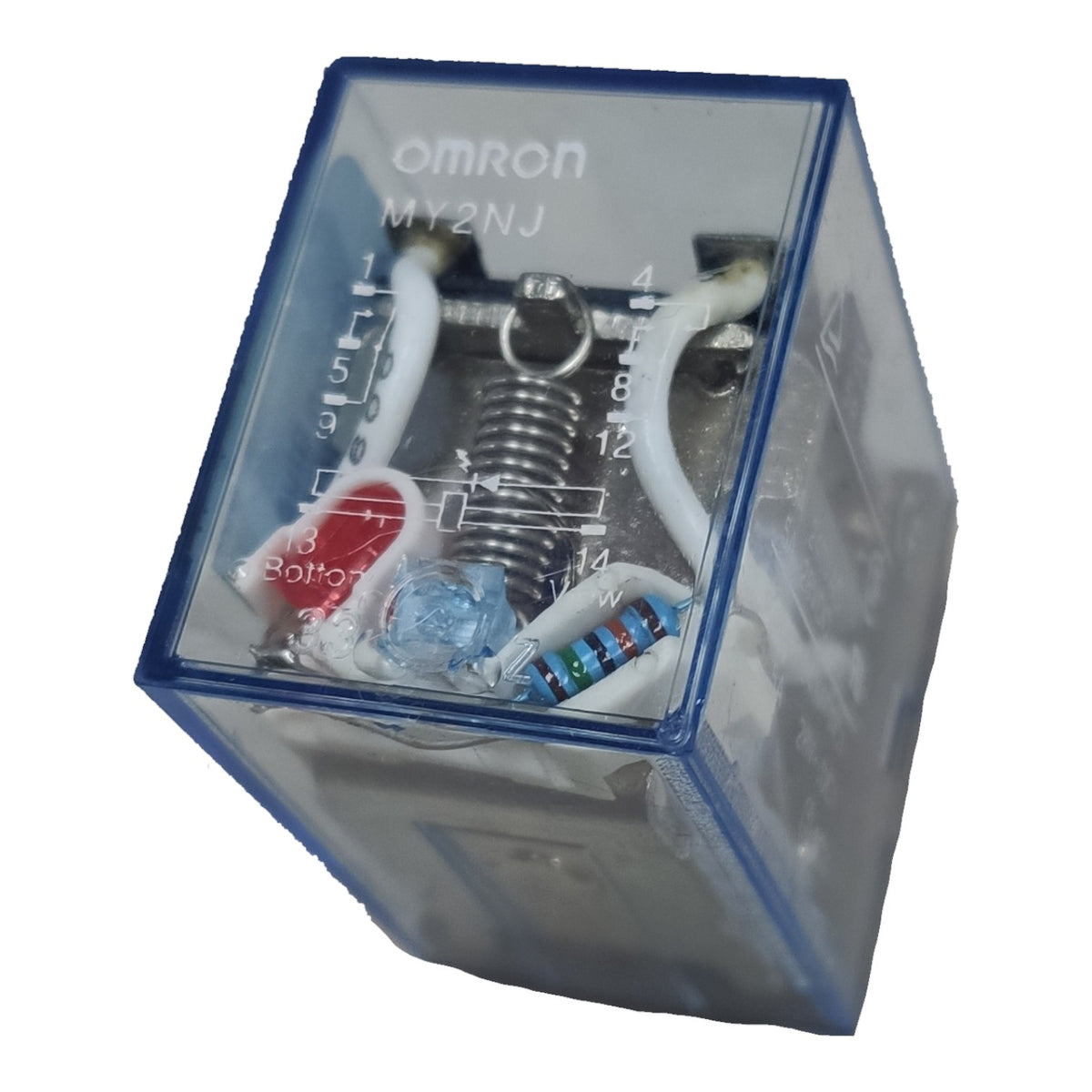 An Omron MY2NJ relay contact module in a clear plastic housing with a blue frame, showing internal metal contacts, a spring, and resistors on a white background.